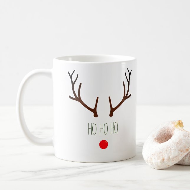 "Ho ho ho" Minimal Rudolph the Red Nosed Reindeer Coffee Mug (With Donut)