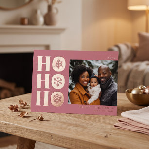 Ho Ho Ho Modern Christmas Photo Card - Pink