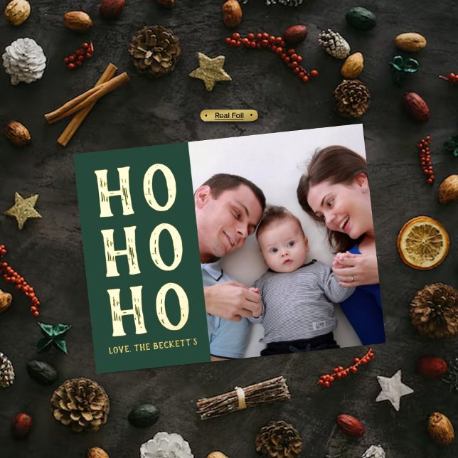 HO HO HO | Modern Typography Christmas Photo Real Foil Holiday Card (Creator Uploaded)