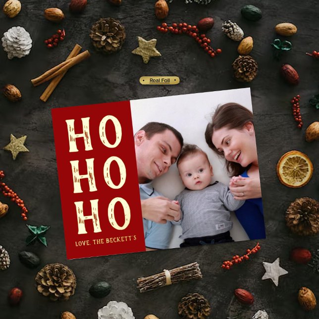 HO HO HO | Modern Typography Christmas Photo Real Foil Holiday Postcard (Creator Uploaded)
