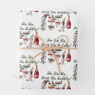 Ho Ho Ho Pass the Bubbly Drinking Xmas Champagne Wrapping Paper Sheet