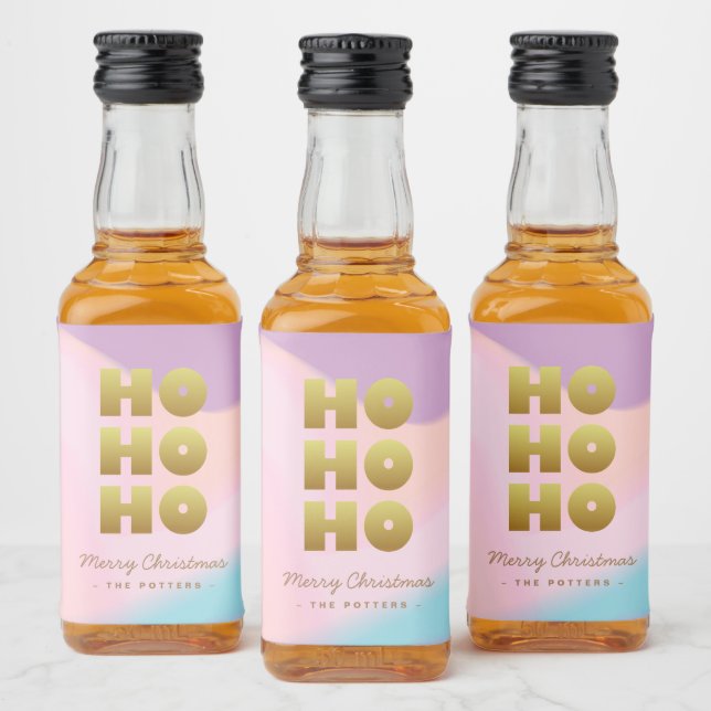 Ho Ho Ho | Pastel Pink Gradient & Gold Christmas Liquor Bottle Label (Bottles)