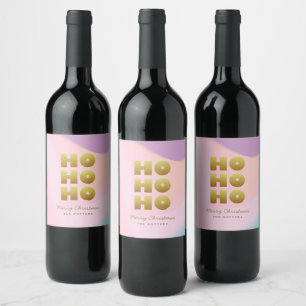 Ho Ho Ho   Pastel Pink Gradient & Gold Christmas Wine Label