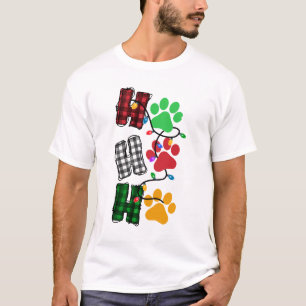 Ho Ho Ho Paw Prints Plaid Christmas Lights Dog T-Shirt