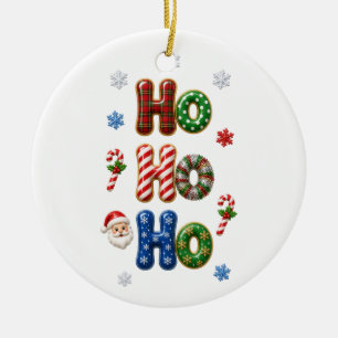 Ho Ho Ho Plaid Candy Stripe Christmas Ceramic Tree Decoration