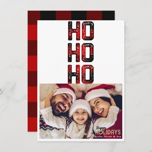 HO HO HO Red Buffalo Plaid Holiday Photo Card (Front/Back)