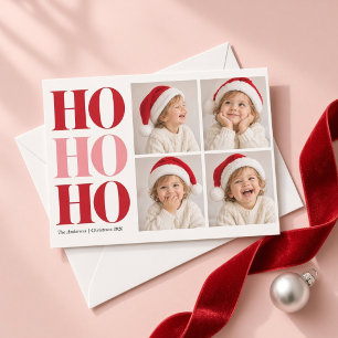 Ho Ho Ho Red Pink Four Photo Christmas Card