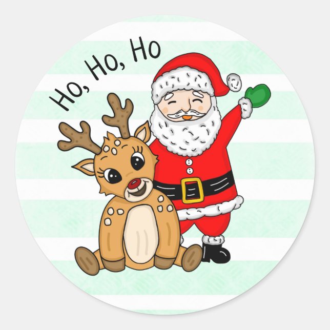Ho Ho Ho Reindeer and Santa Claus Christmas Classic Round Sticker (Front)