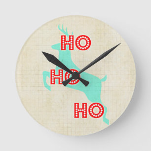 ho ho ho reindeer red blue christmas vintage round clock