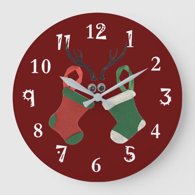 Ho Ho Ho Reindeer Stockings: Fun Christmas T-Shirt Large Clock (Front)