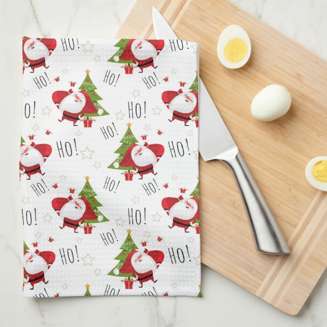 Ho Ho Ho Santa and Christmas Trees  Kitchen Towel (Quarter Fold)