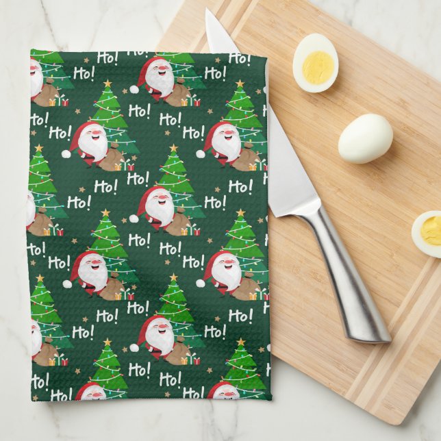 Ho Ho Ho Santa and Christmas Trees  Tea Towel (Quarter Fold)