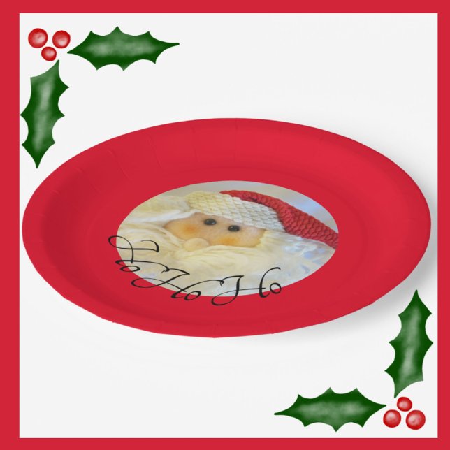 Ho Ho Ho Santa Claus Face Cute Red Christmas Paper Plate (Creator Uploaded)