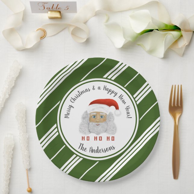HO HO HO Santa Claus Green Lines Merry Christmas  Paper Plate (Wedding)