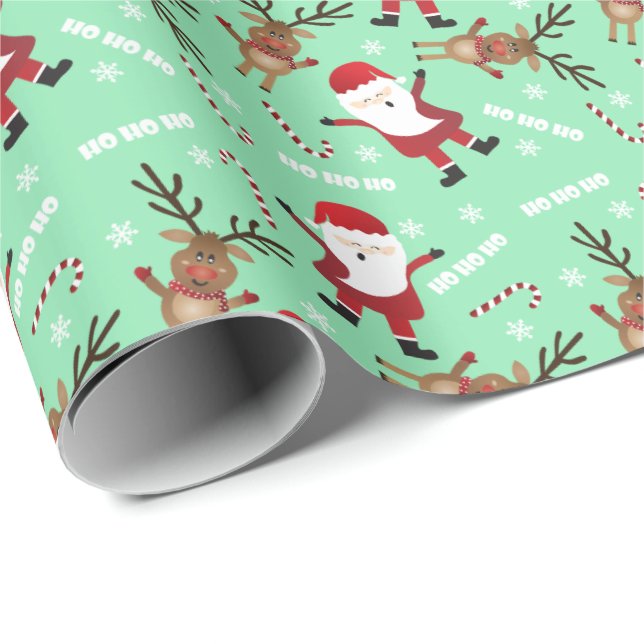 Ho Ho Ho Santa Claus Reindeer Candy Canes Pattern Wrapping Paper (Roll Corner)