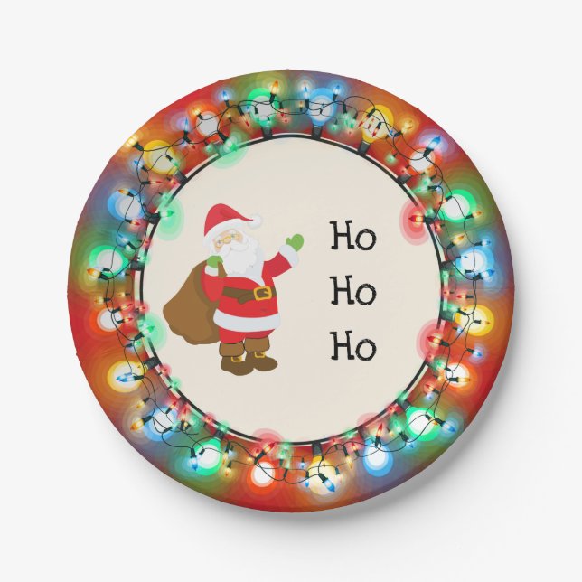 Ho Ho  Ho Santa Claus with Christmas Lights Paper Plate (Front)