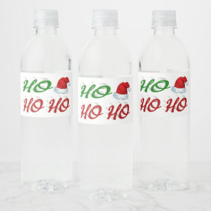 Ho Ho Ho Santa Hat Christmas red green script Water Bottle Label