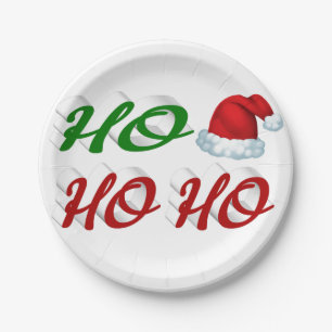 Ho Ho Ho Santa Hat red green script Christmas Paper Plate