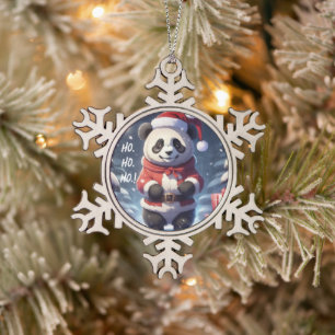 HO.HO.HO SANTA PANDA SNOWFLAKE PEWTER CHRISTMAS ORNAMENT