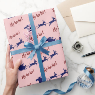 Ho Ho Ho Santa Sleigh and Reindeers Pink Seamless Wrapping Paper