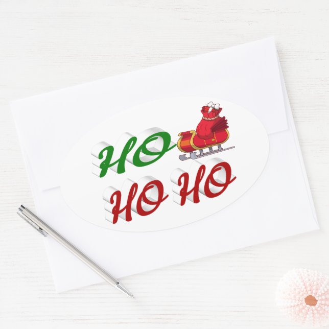 Ho Ho Ho Santa Sleigh Christmas red green script Oval Sticker (Envelope)