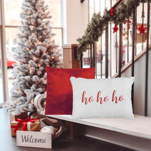 Ho Ho Ho Scripted Red and White Christmas Decorative Cushion (Ho Ho Ho Scripted Red and White Christmas Accent Pillow)