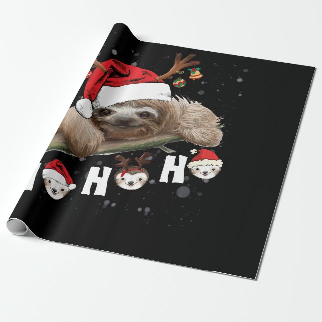 Ho Ho Ho Sloth Christmas Santa Hat Reindeer Wrapping Paper (Unrolled)