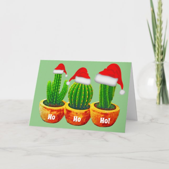 Ho Ho Ho Three Cactus Christmas Greeting Card (Front)