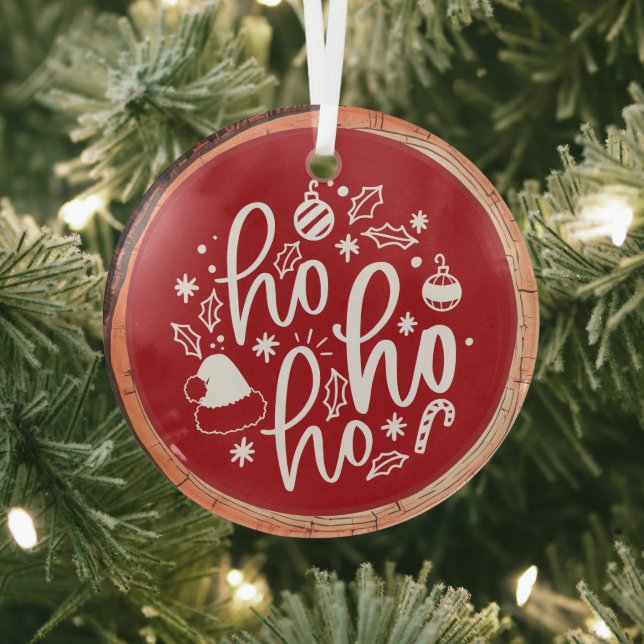 Ho Ho Ho Typography Keepsake Tree Glass Tree Decoration (Insitu)
