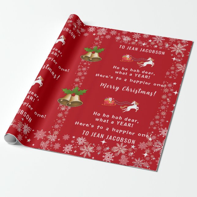 Ho Ho Hoh Dear Funny Santa Unicorn Personalised Wrapping Paper (Unrolled)