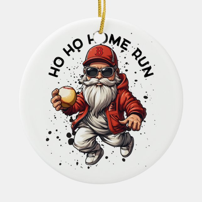 Ho Ho Home Run Baseball Santa Ceramic Tree Decoration (Front)