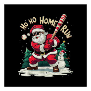 Ho Ho Home Run Vintage Santa Playing Baseball Poster
