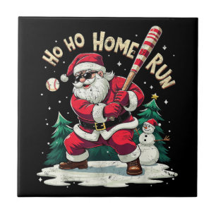 Ho Ho Home Run Vintage Santa Playing Baseball Tile