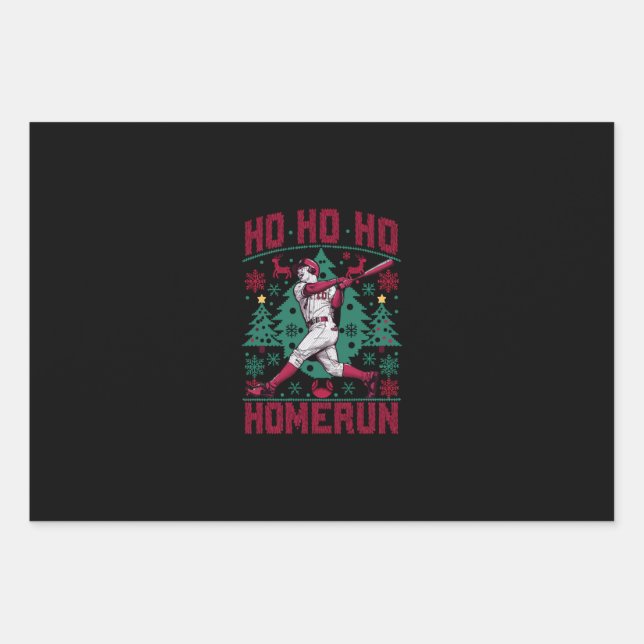 Ho Ho Homerun Baseball Ugly Christmas Sweater  Wrapping Paper Sheet (Front)