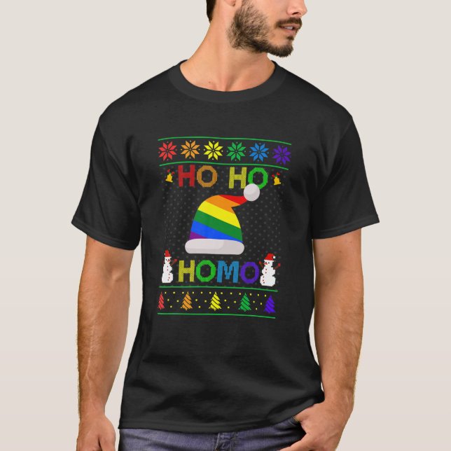 Ho Ho Homo Gay Christmas LGBT Rainbow Santa Hat Ug T-Shirt (Front)