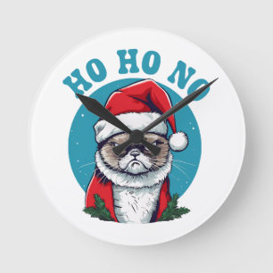 Ho ho no - funny grumpy santa cat round clock