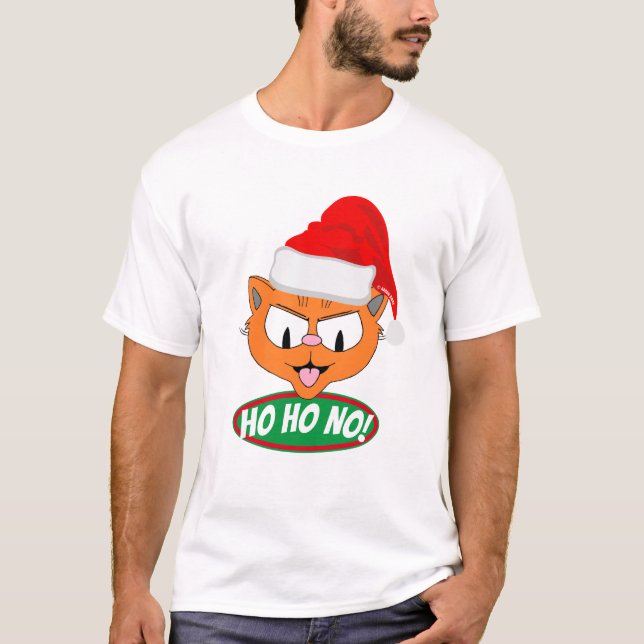 Ho Ho NO! Sarcastic Anti Holiday Cartoon Cat T-Shirt (Front)