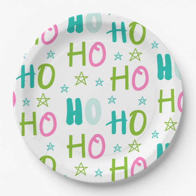 Ho Ho Pink Teal Stars Modern Christmas  Paper Plate (Front)