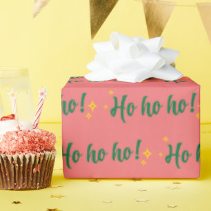 Ho Ho Whimsical Font Golden Stars Pink Christmas Wrapping Paper