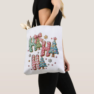 HO Merry Christmas Trees Coquette Bow Xmas Holiday Tote Bag