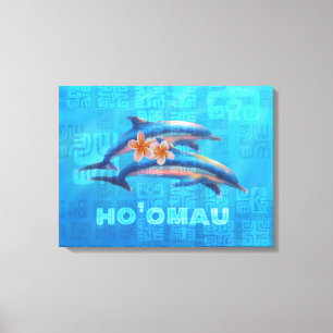 HO’OMAU Hawaiian Dolphins Primitive Collage Canvas Print