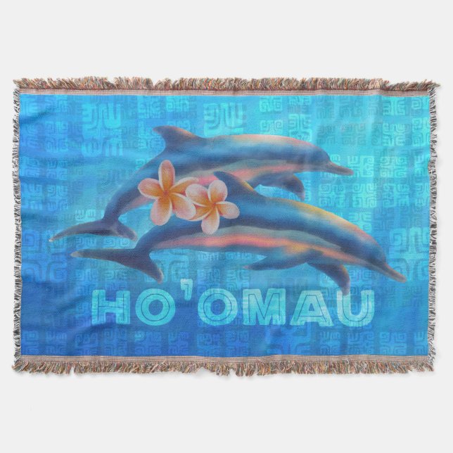 HO’OMAU Hawaiian Dolphins Primitive Collage Throw Blanket (Front)