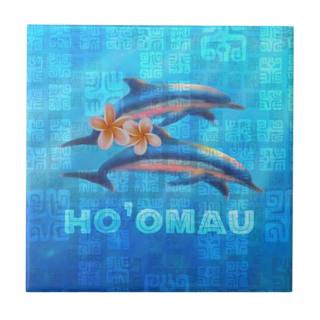 HO’OMAU Hawaiian Dolphins Primitive Collage Tile (Front)