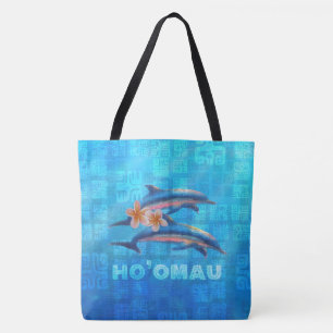 HO’OMAU Hawaiian Dolphins Primitive Collage Tote Bag