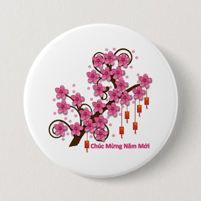 Hoa Dao Happy New Year 7.5 Cm Round Badge (Front)