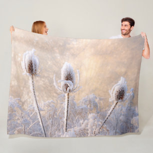 Hoarfrost Teasels in Winter a Photo Scenic Nature Fleece Blanket