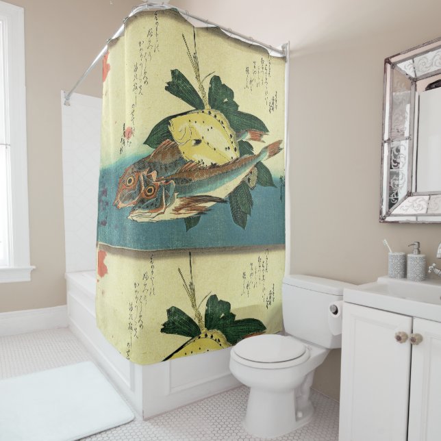 Hobo & Karei - Hiroshige's Japanese Fish Print Shower Curtain (In Situ)
