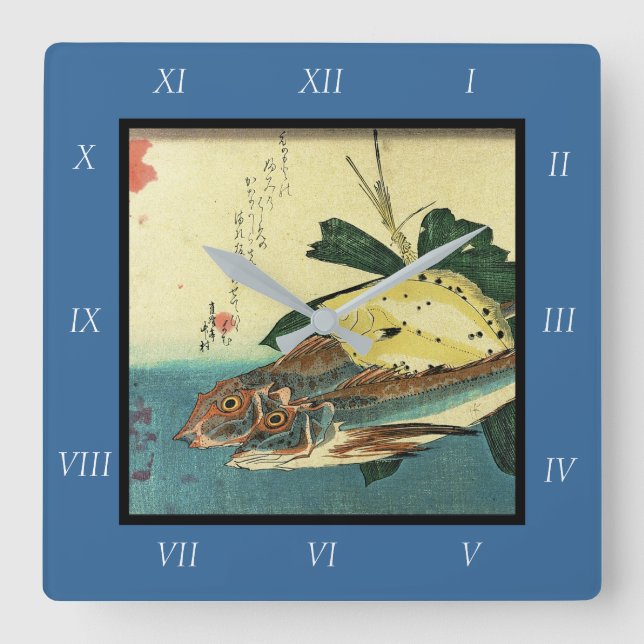 Hobo & Karei - Hiroshige's Japanese Fish Print Square Wall Clock (Front)