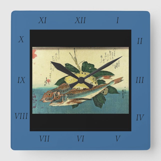 Hobo & Karei - Hiroshige's Japanese Fish Print Square Wall Clock (Front)