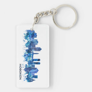 Hoboken New Jersey Skyline Blue Key Ring